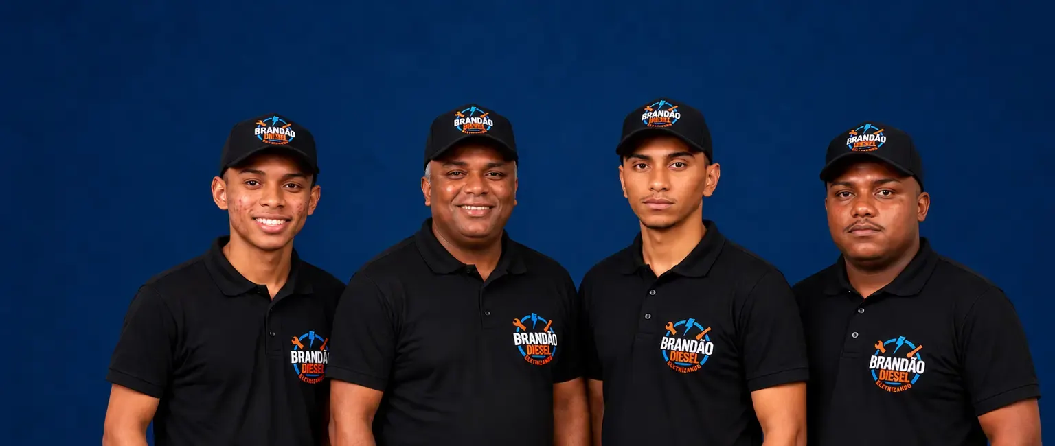 Equipe da Brandão Diesel: quatro profissionais com os uniformes da empresa